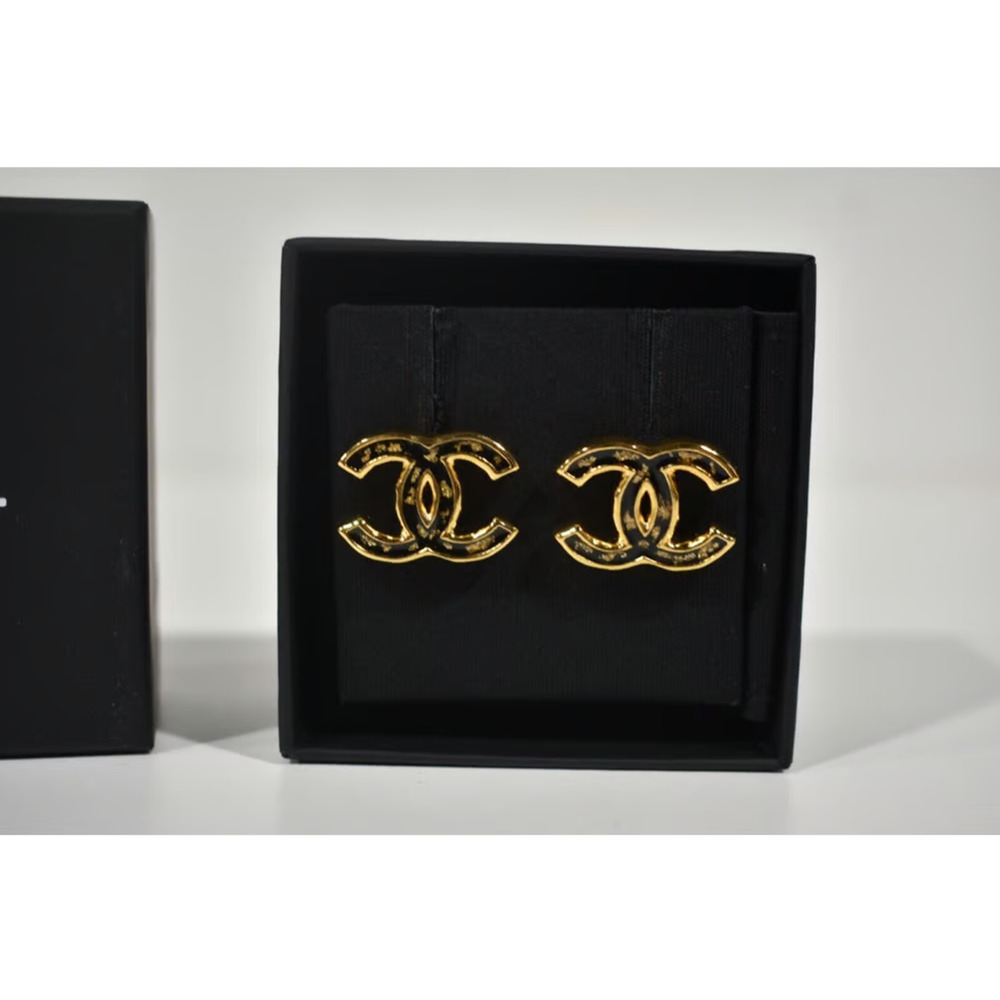 Chanel 23C Gold Black Interlocking CC Logo Classic Drop Statement Stud Earrings - Picture 5 of 8